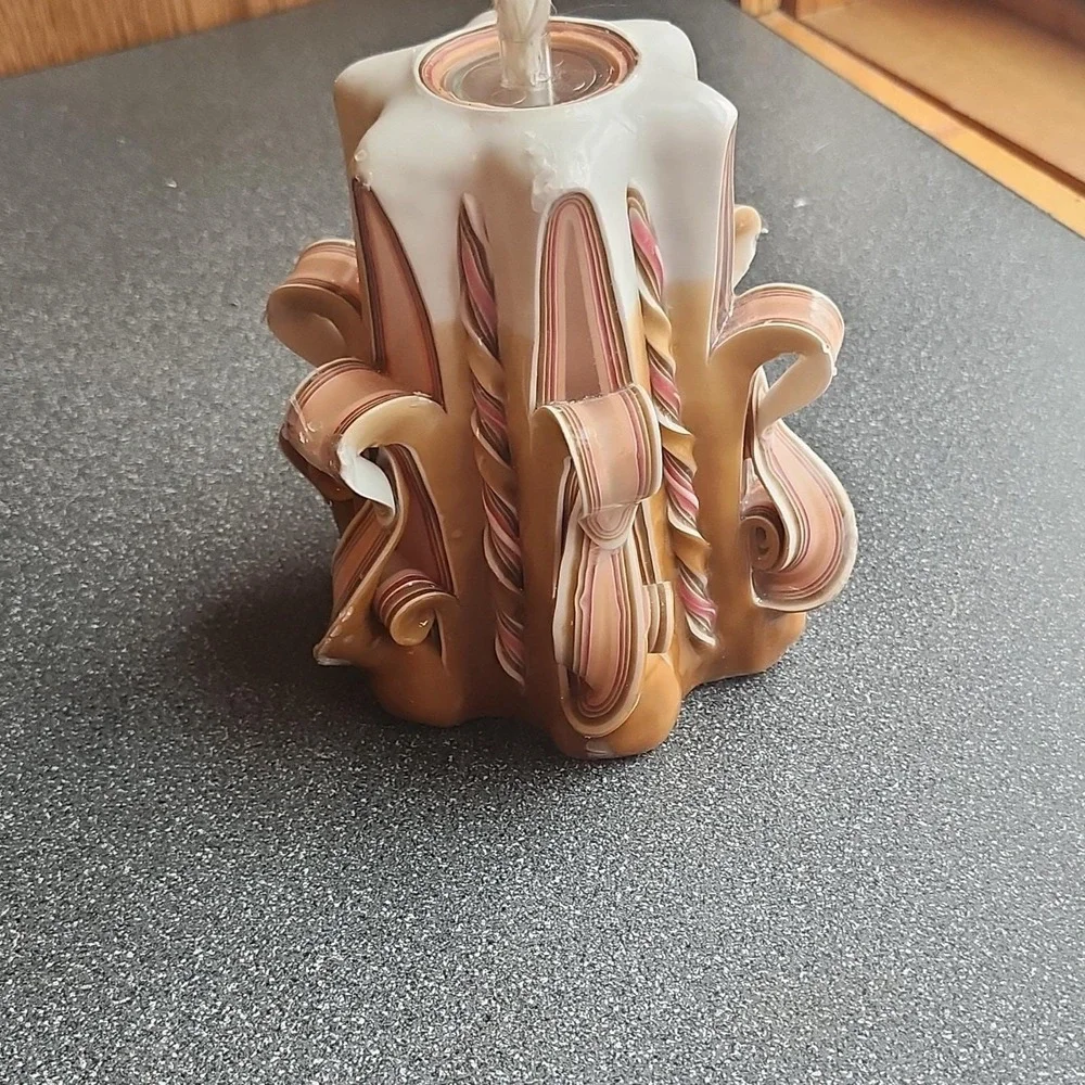 Hand Carved Decorative Swirl Candle White Brown Pink Art Wax Handmade
